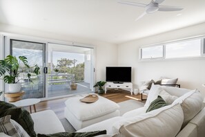 Een televisie, een open haard, boeken en een stereo