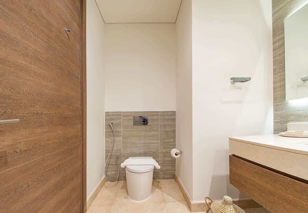 Ein Badezimmer mit Holztür, Toilette, Dusche und Waschtisch mit Spiegel.