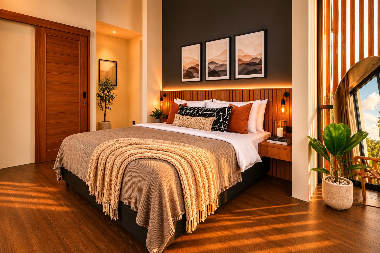 A modern bedroom with a large bed, wooden flooring, a potted plant, and framed artwork on the wall.