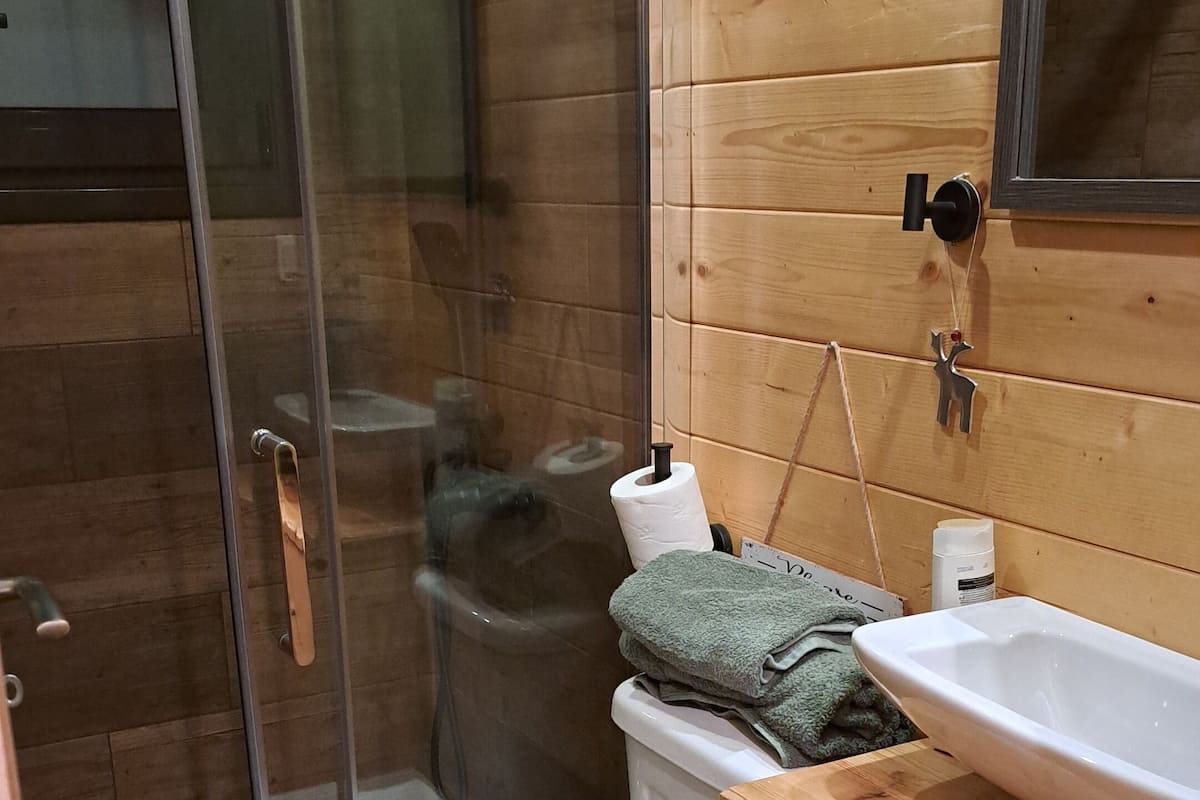 Cabaña, vistas al río | Baño | Toallas y papel higiénico