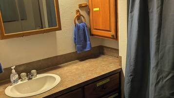 Shower, hair dryer, towels, toilet paper