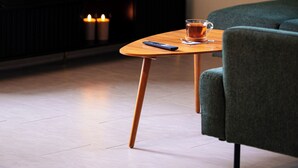 A cozy living room with a fireplace, a green sofa, a wooden coffee table, and a remote control. - Duplex Apartment – Lake Constance – Self-Check-In – Parking – 4-Keys Apartments (Rorschach)