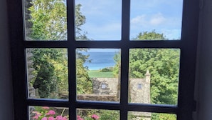 Una ventana con vistas a un jardín y un paisaje lejano.