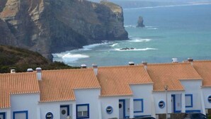 Vista costera con un acantilado y el océano, con edificios de techos de teja terracota y marcos de ventanas azules.
