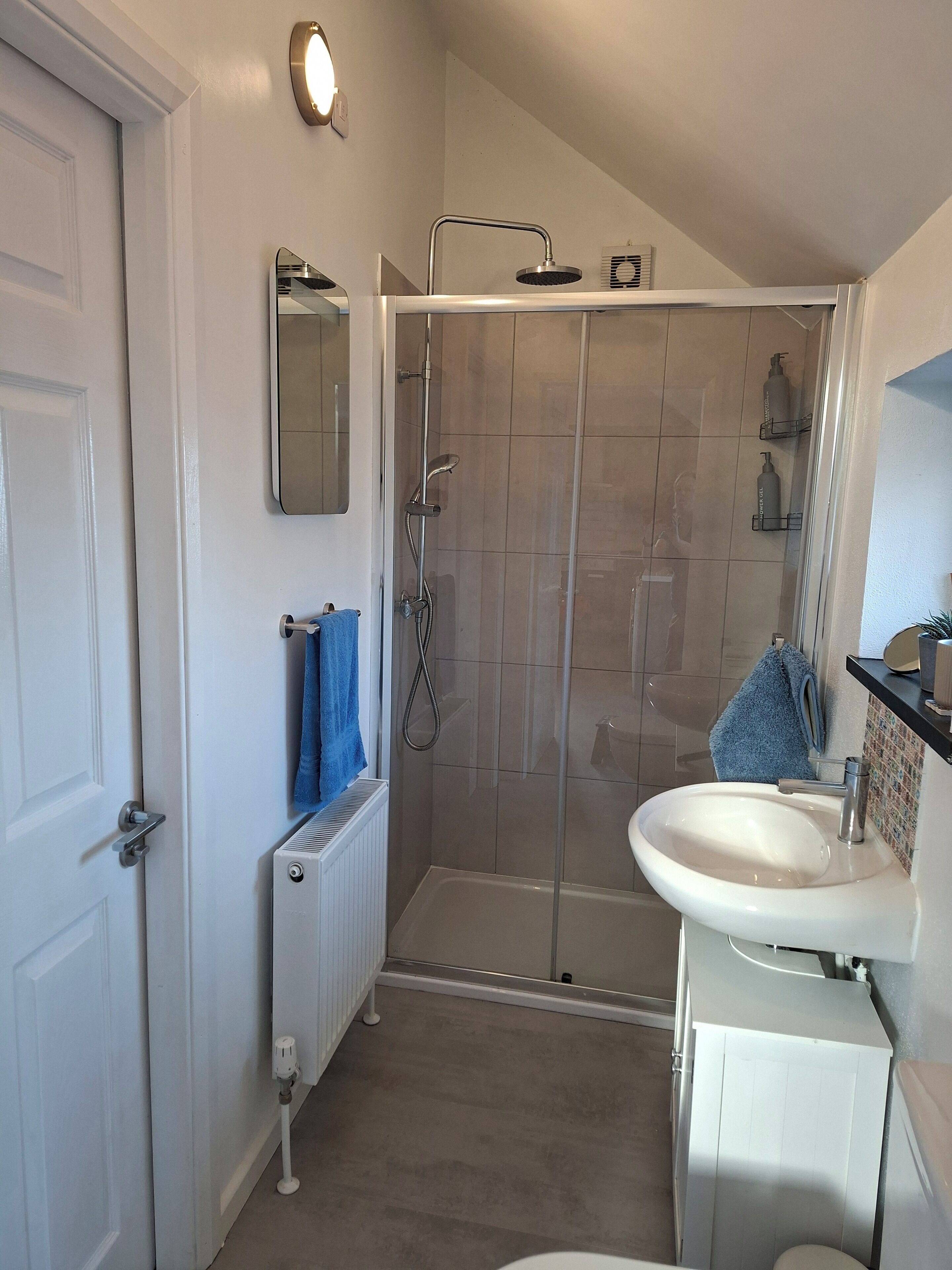 Shower, hair dryer, towels, shampoo
