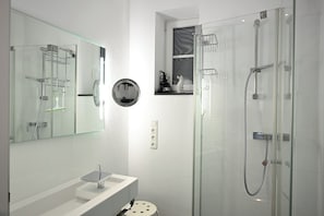 Shower, hair dryer, bidet, towels