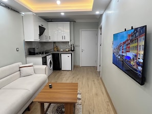 Classic-Apartment, 1 Doppelbett und Schlafsofa, Stadtblick | Wohnbereich | 120-Zoll-Fernseher mit Satellitenempfang