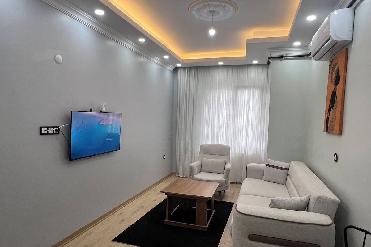 Departamento clásico, 1 cama matrimonial y sofá cama, vista a la ciudad | Área de sala de estar | Televisión de 120 pulgadas con canales vía satélite