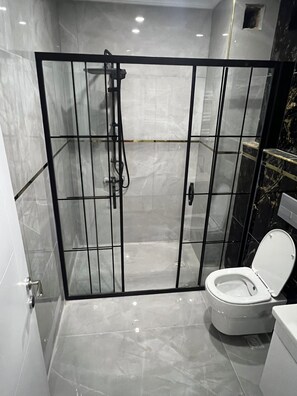 Regadera, toallas, jabón, shampoo 