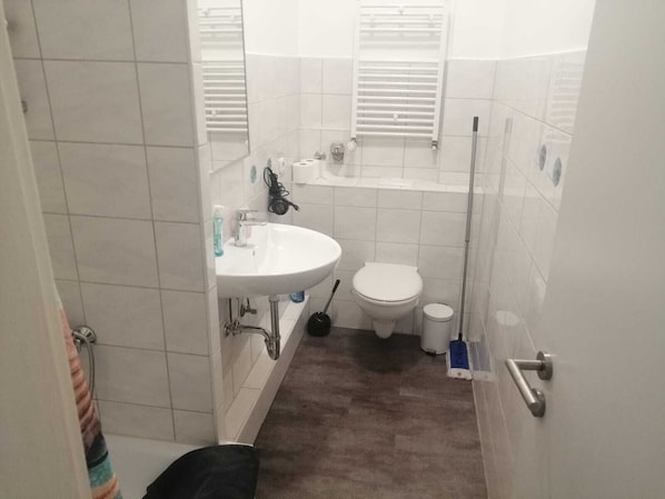 Shower, hair dryer, towels, toilet paper