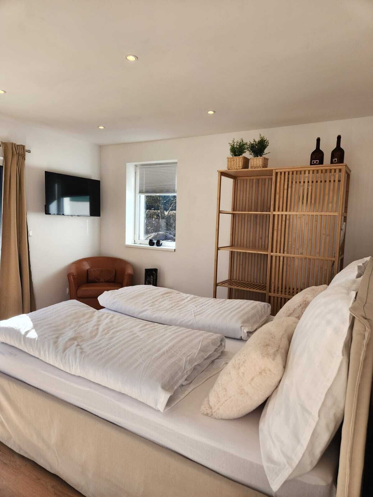 Een slaapkamer met twee bedden, een aan de muur bevestigde televisie, een raam met uitzicht op bomen en een houten plank met flessen en een plant.