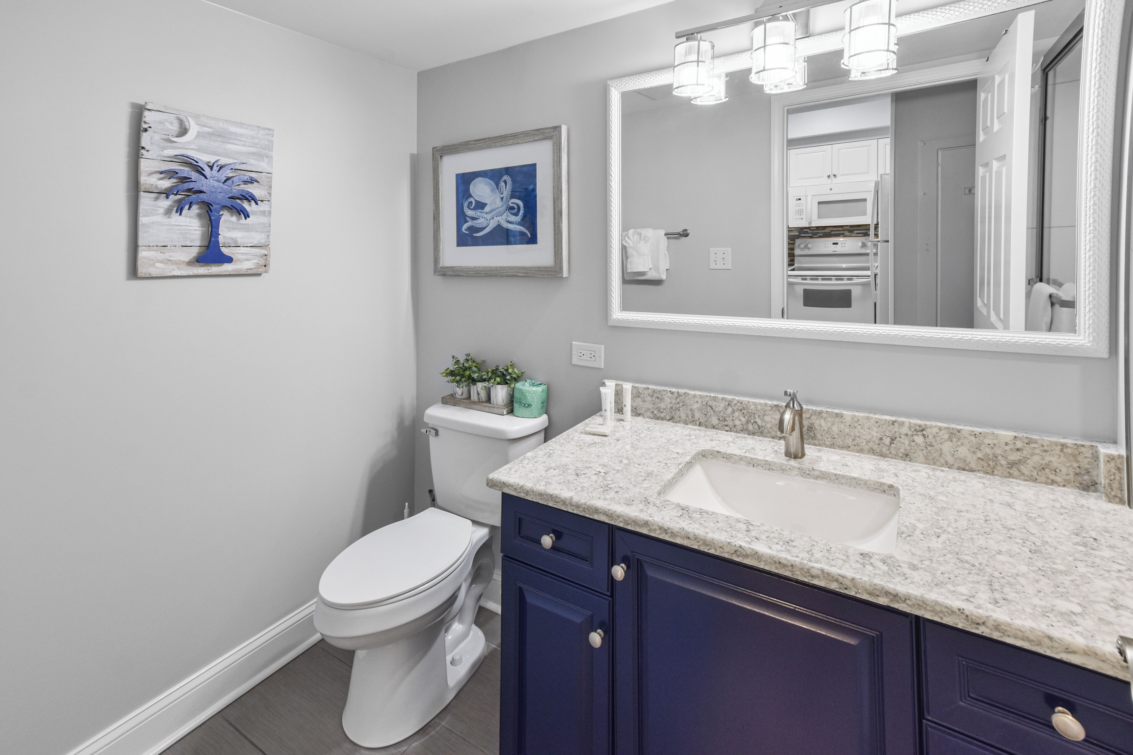 A bathroom with a white toilet, a sink with a marble countertop, and a large mirror. There are framed pictures on the wall and a small plant on the counter.