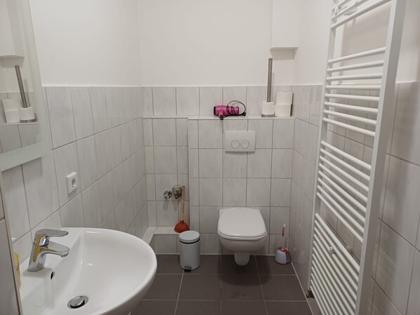 Shower, hair dryer, towels, toilet paper