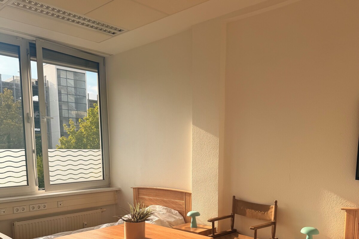 A room with a wooden bed, a desk, a chair, and a radiator.