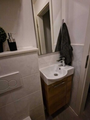 Dusche, Haartrockner, Handtücher, Seife