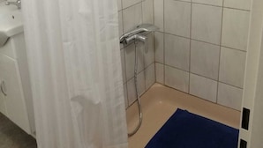 Et badeværelse med bruser, hvid vask og sæbedispenser.