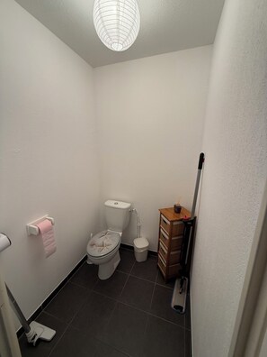 A small bathroom with a toilet, a trash bin, a mop, and a wooden cabinet. - Biscarrosse: Apartment in the city center, 10 min. from the ocean, 5 min. from the lake (Biscarrosse)