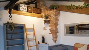 Une pièce avec un lit en mezzanine, une échelle en bois, un mur en briques et une plante suspendue.