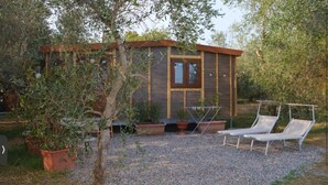 Una pequeña cabaña de madera con una ventana, rodeada de grava y plantas en macetas.