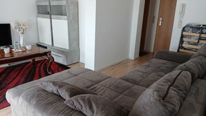 Een moderne woonkamer met een grijze bank, een houten salontafel, een flatscreen televisie en een rood vloerkleed.