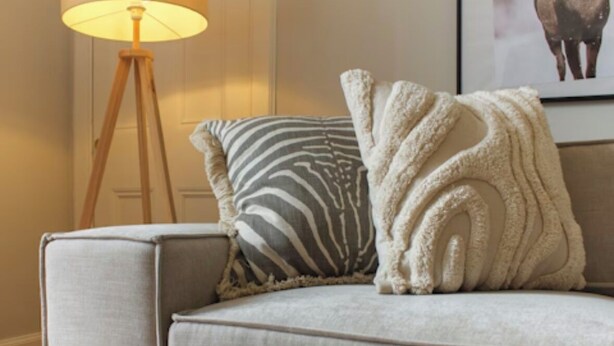 A sofa with a zebra-patterned pillow and a fluffy white throw blanket. - Cosy & Stylish Edinburgh City Flat - Pass the Keys (Edinburgh)