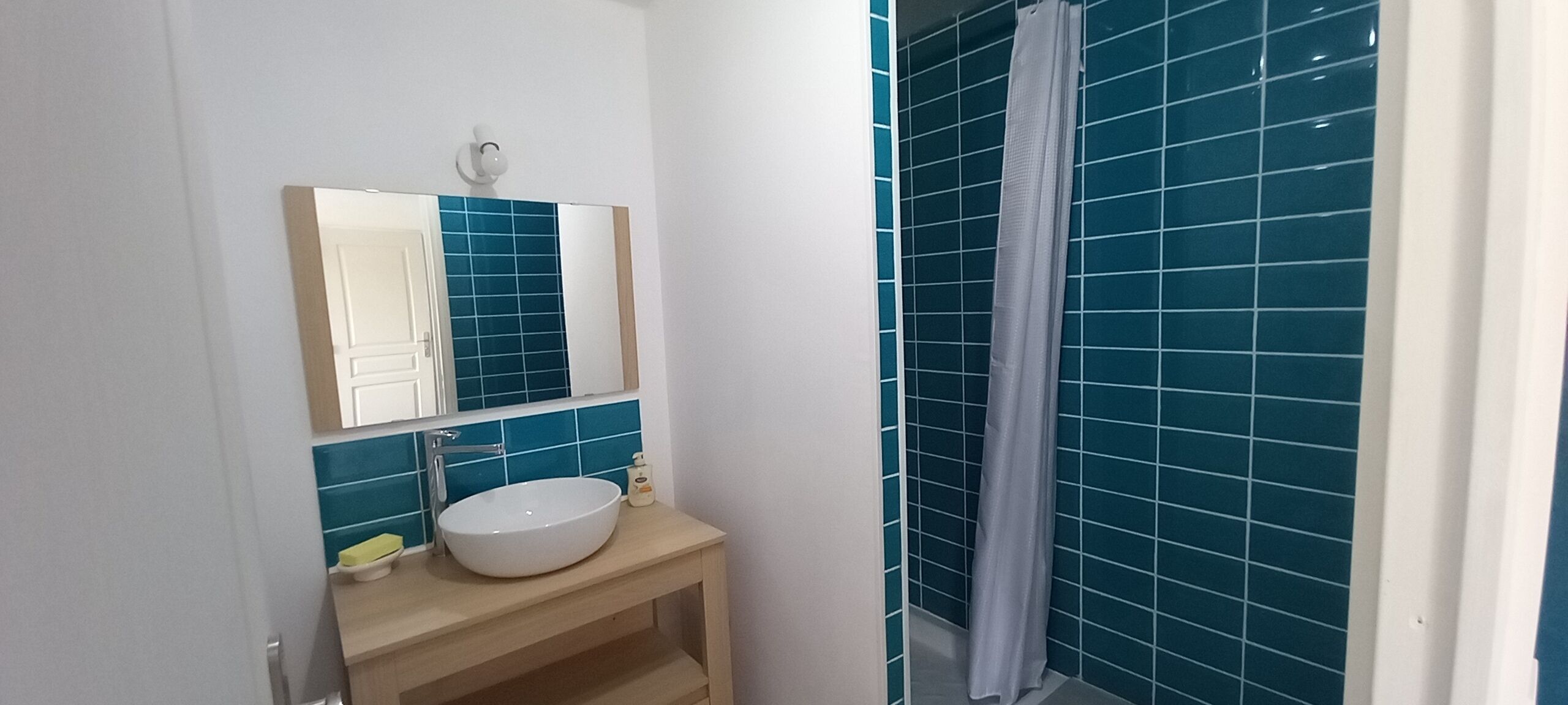 Shower, towels, soap, toilet paper