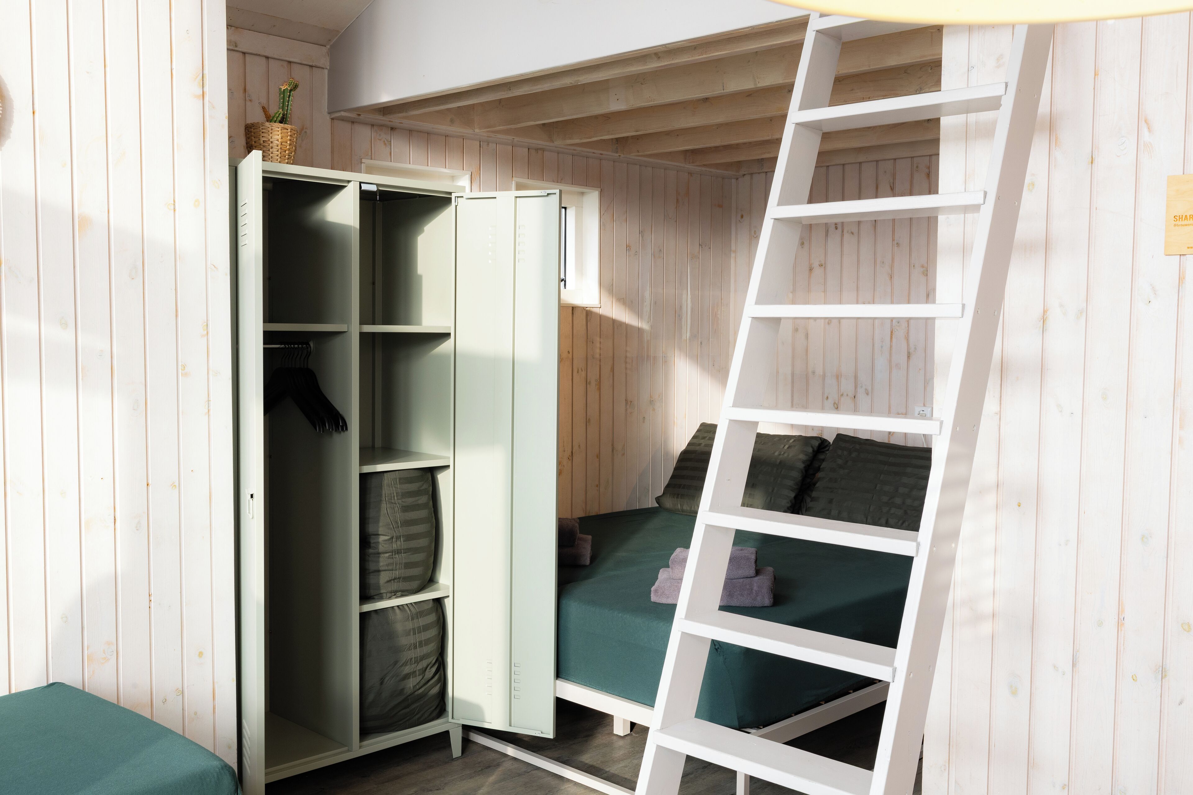 A room with a loft bed, a wardrobe, and a ladder.