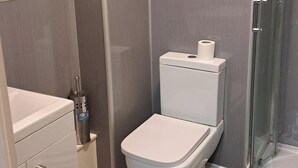 A modern bathroom with a toilet, a shower, and a sink. - Central Sheffield 1-Bed (Sheffield)
