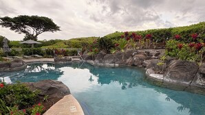 A swimming pool with a stone deck, surrounded by rocks and lush greenery. - Hilton Waikoloa Pool Pass 2026-27, Beach and Baby Gear! (Waikoloa Village)
