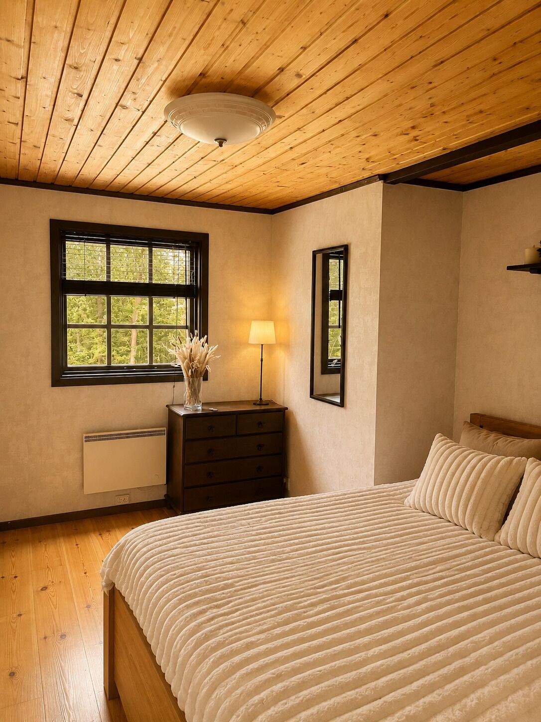 A bedroom with a wooden ceiling, a bed with a white bedspread, a nightstand with a lamp, and a window with a view of trees.