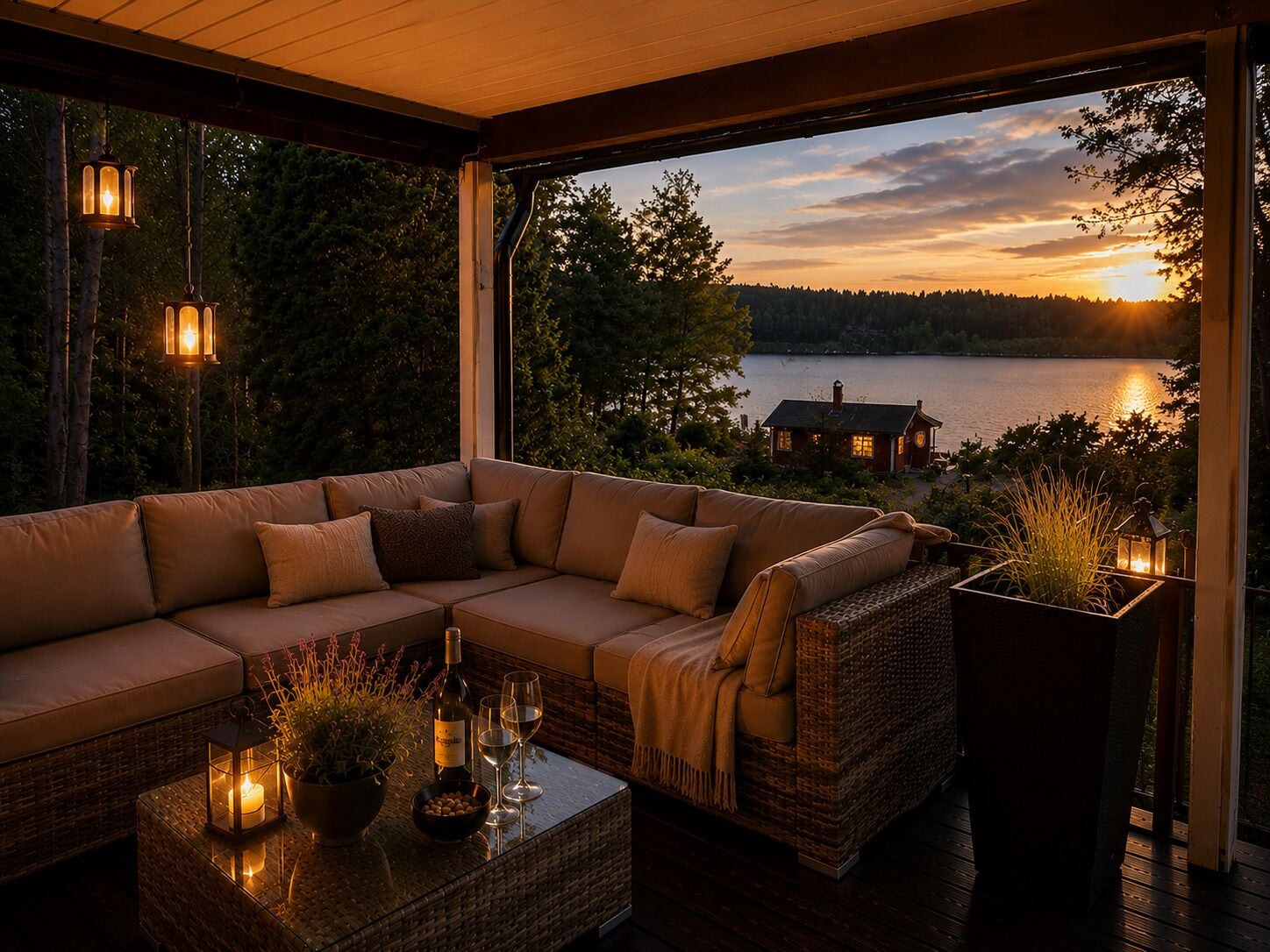 A cozy outdoor seating area with a sofa, a table with drinks, and lanterns.