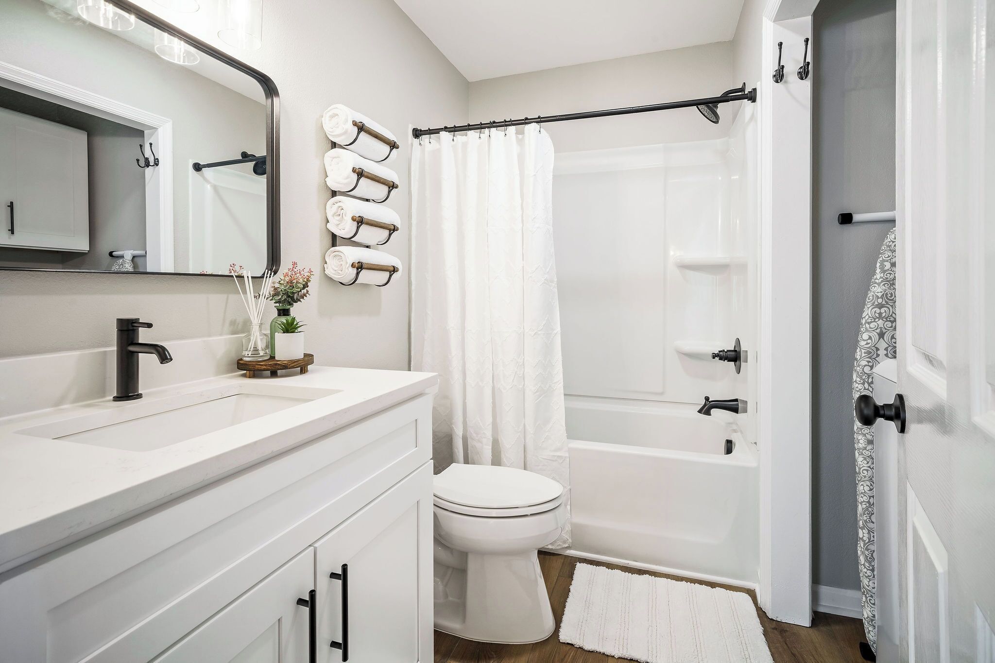 Hair dryer, towels, soap, shampoo