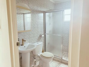 Regadera, toallas, papel de baño