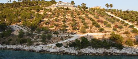 A coastal property with a hillside, a pathway, and a body of water.