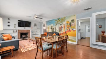 Smart TV, fireplace, books