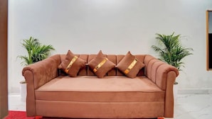 A brown sofa with four decorative pillows against a plain wall, flanked by two potted plants. - Hotel Brothers  (Dera Bassi)