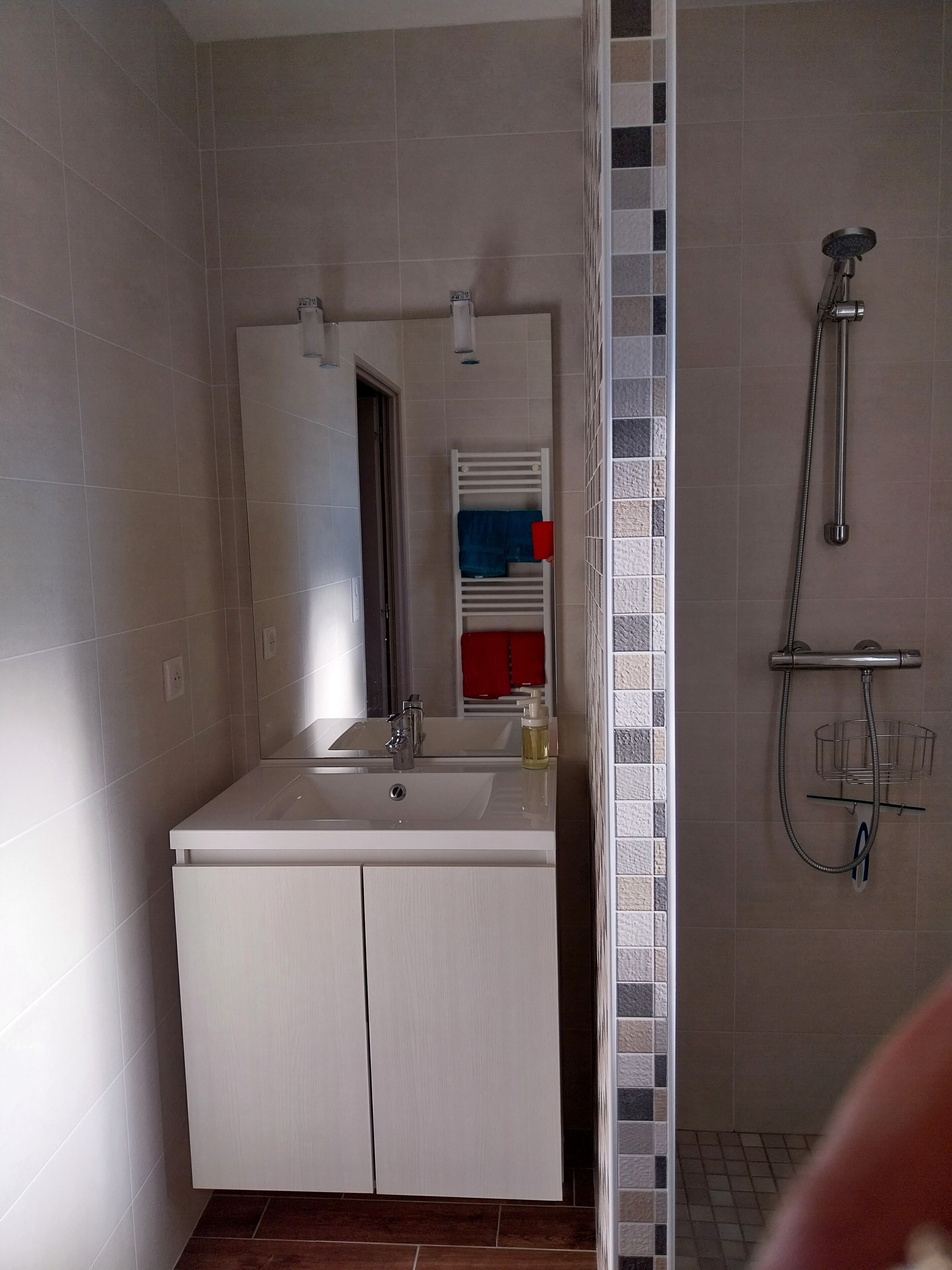 Shower, towels, soap, toilet paper