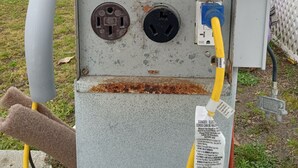 An electrical box with two switches, a blue plug, and a yellow extension cord.