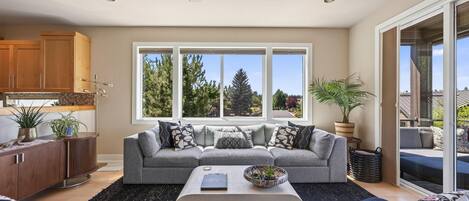 A modern living room with a grey sofa, a coffee table, and a view of trees through large windows.