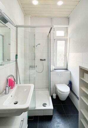 Dusche, Haartrockner, Handtücher, Seife