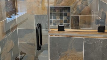 Shower, towels, toilet paper
