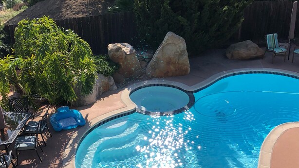 Ein Pool mit gewölbter Kante, umgeben von Steinen und einem Baum.