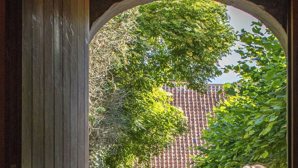 An open wooden door leading to a garden area with a wheelbarrow full of flowers and a person tending to them. - Warm family run farmhouse in the national park of Haspengouw in Belgian Limburg (Nieuwerkerken)