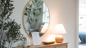 Un tavolino consolle in legno con uno specchio rotondo, una lampada e un cartello con la scritta 'Benvenuti'.
