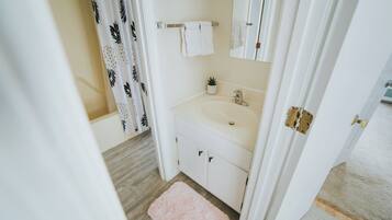 Une salle de bain avec un lavabo, un miroir, un porte-serviettes et une petite plante en pot.