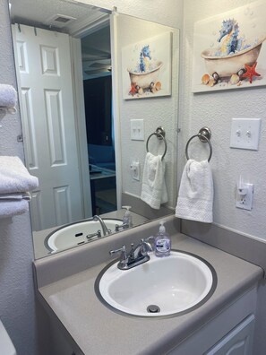 Hair dryer, towels, soap, toilet paper