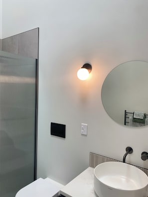 Shower, towels, soap, toilet paper