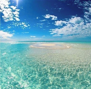 A clear view of a beach with shallow turquoise waters and a sandy area in the center. - The Sandbar Cottage~Cozy Beach Bunkhouse Pensacola Beach Florida (Pensacola)