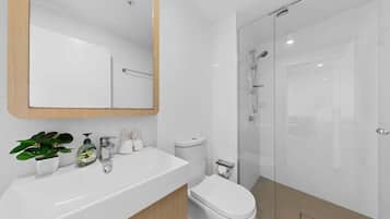 Hair dryer, towels, soap, shampoo