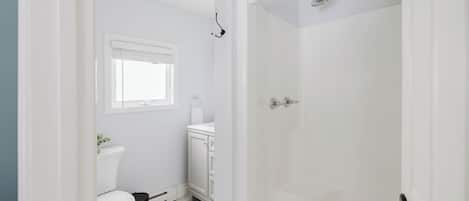 Hair dryer, towels, soap, shampoo